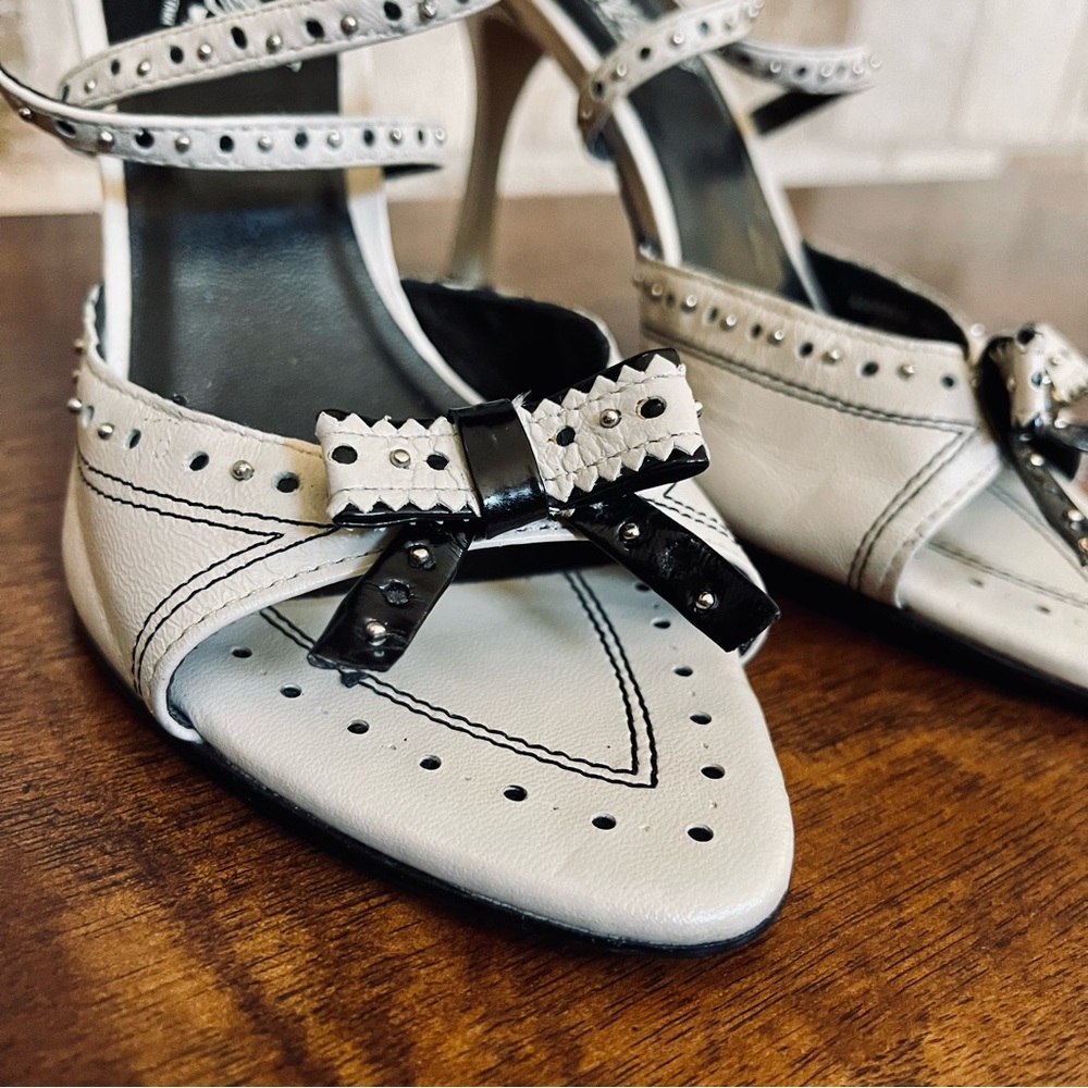 Carlos Santana Cream & Black Studded Open Toe Heel with Ankle Strap & Bow